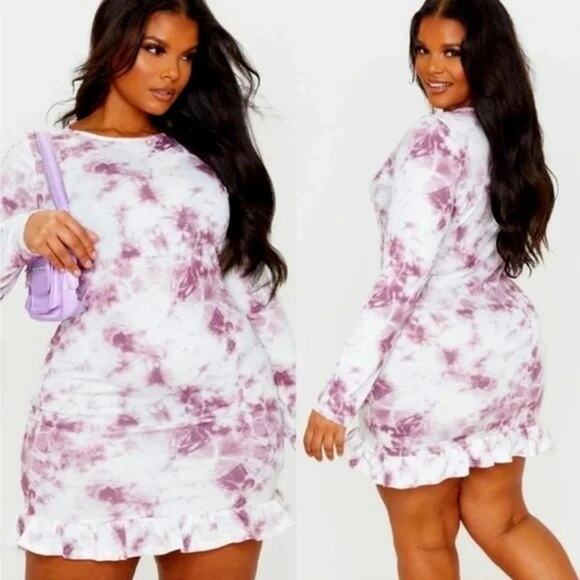 PrettyLittleThing Mauve Tie Dye Long Sleeve Frill Hem Mini Dress Women's Size 12 - Picture 1 of 7